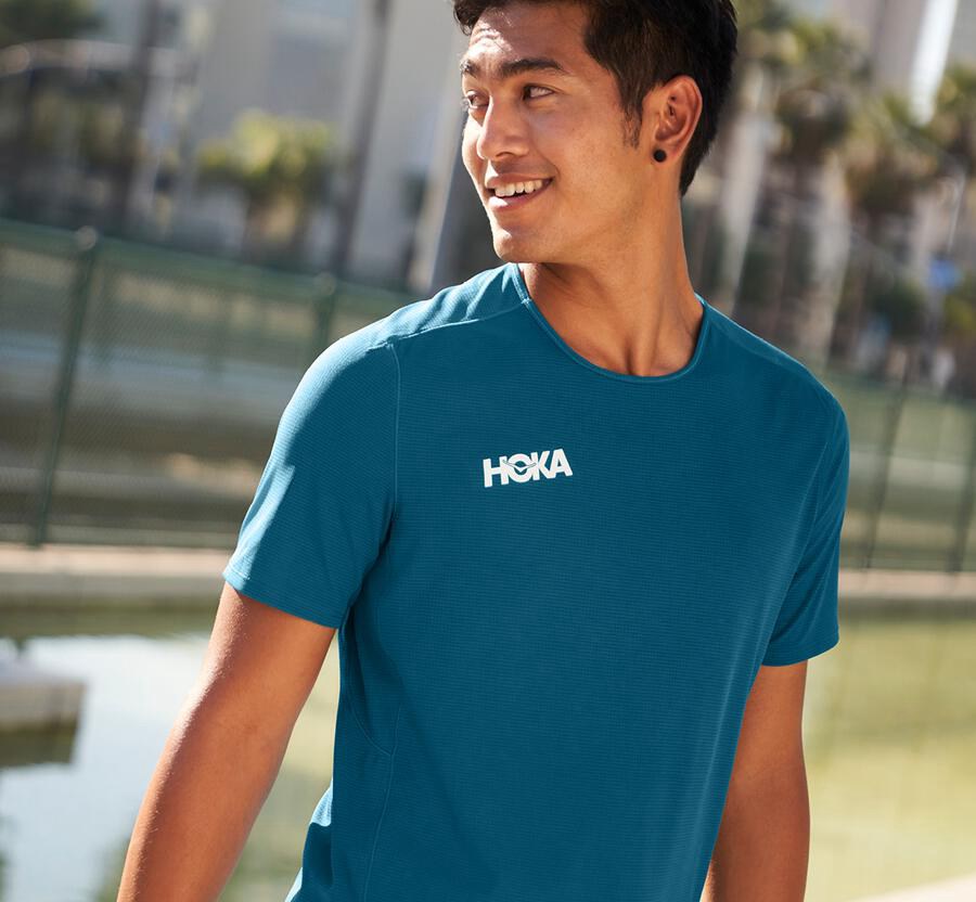 Top Hoka One One Hombre - Performance Short Sleeve - Azules - ATO926308